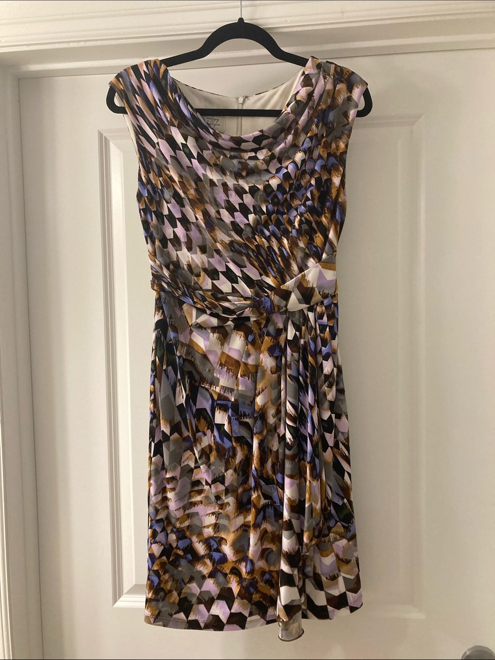 Sleeveless Cowl Neck Print Dress in Lavender and Brown